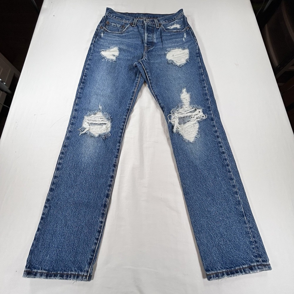 Levi's 501 Original Straight Jeans Women's Size 26x30 Dark Blue Distressed